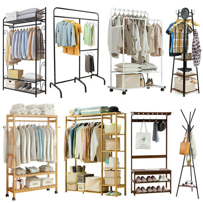 Large Hallway Bedroom Clothes Rail Garment Coat Stand Wood/Metal Style HookShelf