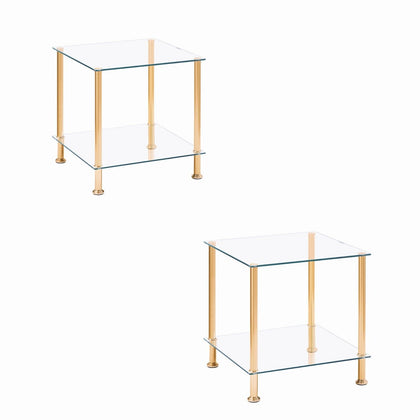 2pcs Square Clear Tempered Glass Sofa Side End Table Bedside Table Golden Tubes