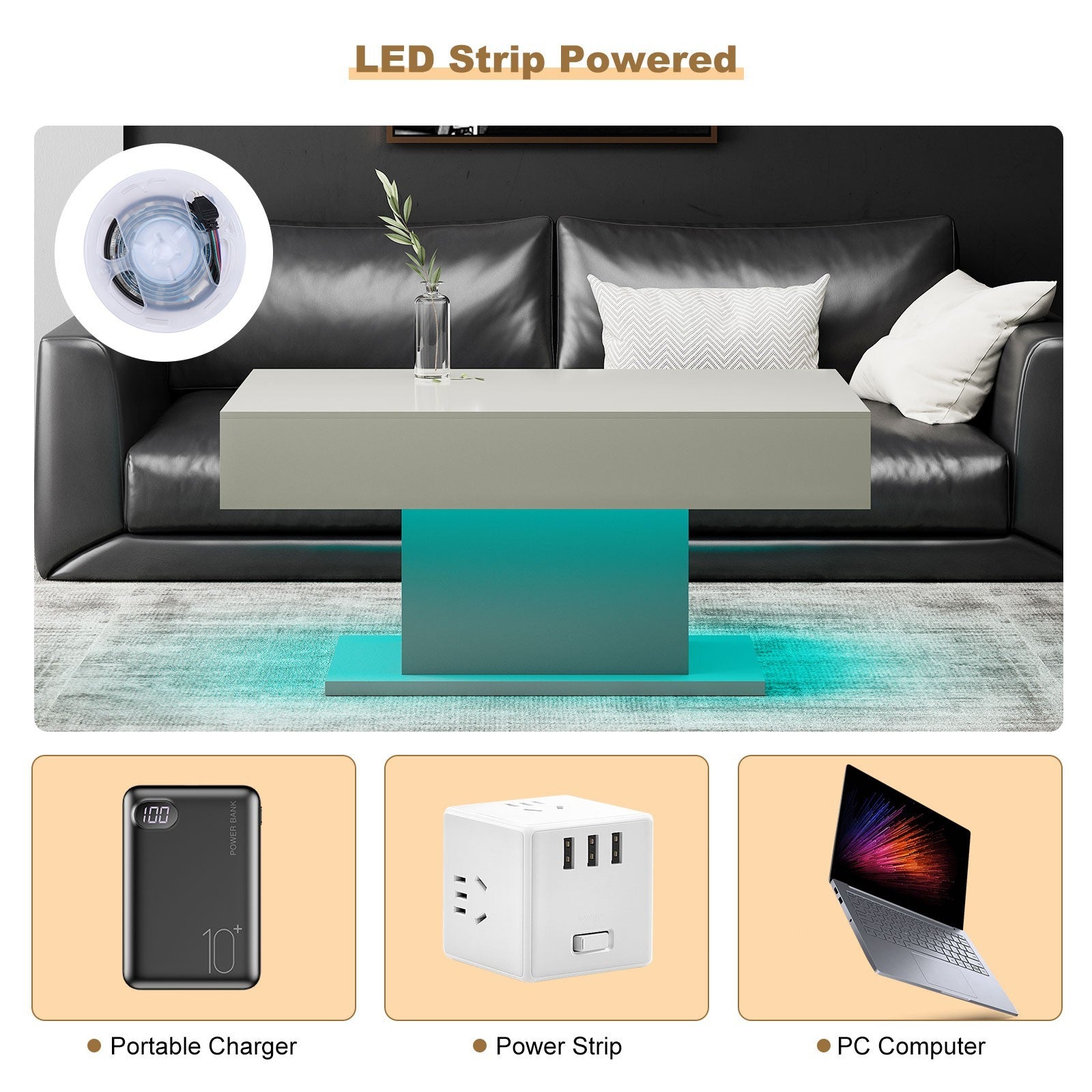 Center Table Light LED Coffee Table with LED Lights Center Cocktail Table for Living Room ...
