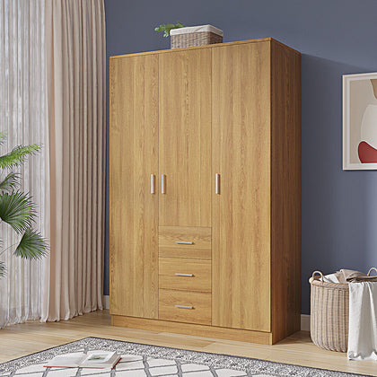 180cm Wooden 3 Door Wardrobe With 3 Drawers Bedroom Storage Hanging Bar Clothes