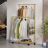 Bamboo Clothes Rail Double Hanging Garment Rack Storage Shelf W/ Wheels