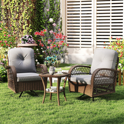 3 Piece Patio Swivel Rocker Set 2 Outdoor Wicker Rocking Chairs Grey