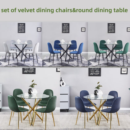 4x Velvet PU Leather Dining Chairs&Round Tempered Glass Dining Table Dining Set
