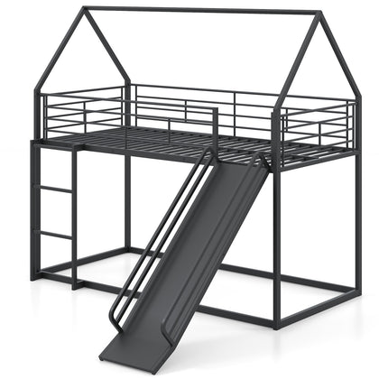 190 x 90 cm House Bunk Bed Low Bunk Bed Frame with Ladder-Black