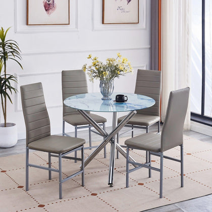 4x Grey Faux Leather Dining Chairs & Round Marble Glass Dining Table Silver Legs