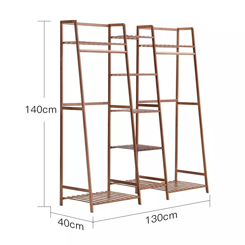 Wooden Clothes Rail Rack Garment Hanging Stand Open Wardrobe w/Bottom&Top Shelf