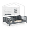 Single Wood House Bed Montessori Floor Bed w/ 2 Shelves & Guardrails