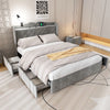 Double Bed Upholstered Storage Bed Frame With Headboard, Lamp and 4 Drawers