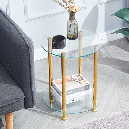2 Tier Clear Tempered Glass Side End Table Storage Shelf Golden Legs Living Room