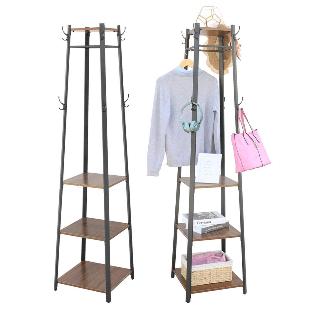 180cm Coat Stand Corner Garment Hat Rack Clothes Rails Hanger w/ 4 Storage Shelf