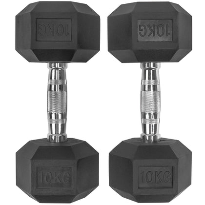 2*10kg Rubber Hex Dumbbells Set Pair Ergo Hand Weights Encased Hexagonal Gym