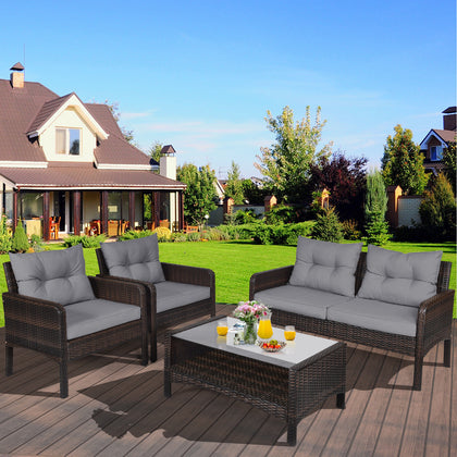 4 PCS Patio PE Rattan Conversation Set Outdoor Furniture Set w/Removable Cushion