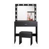 Modern LED Black Dressing Mirrored Makeup Table Vanity Set with Stool & Drawer