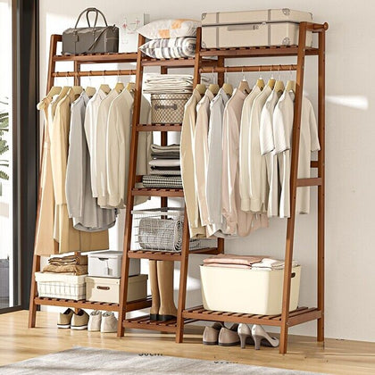 Bamboo Clothes Rail Garment Rack Hanging Stand Coat Wardrobe Storage Shelf UK