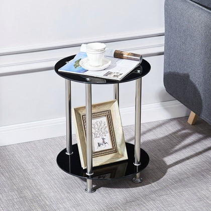 2 Tier Black Tempered Glass Side End Table Storage Shelf Stainless Steel Tubes