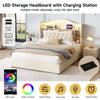 Upholstered Ottoman Storage Bed, 4ft6 Double Bed Frame with LED & USB, Beige