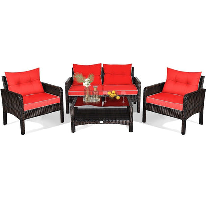 4 Pieces PE Rattan Patio Conversation Set Outdoor Rattan Furniture With Cushions