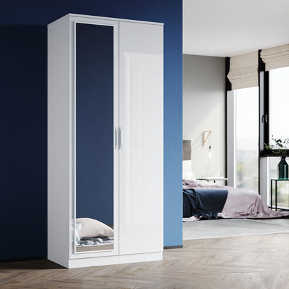 2 Doors High Gloss Wardrobe Bedroom Furniture Storage Hanging Rail with Mirror