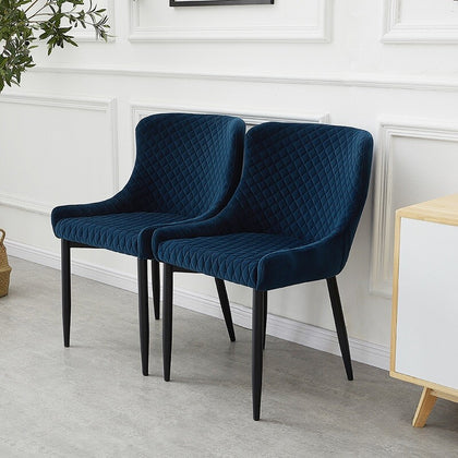 2 Pcs Blue Velvet Dining Chair Lounge Chair with Metal Black Legs