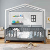 Single Wood House Bed Montessori Floor Bed w/ 2 Shelves & Guardrails
