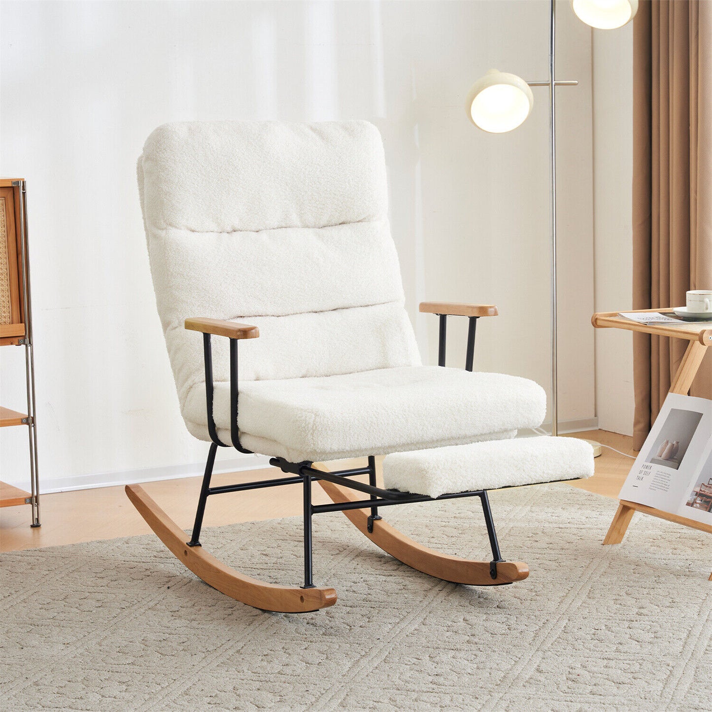 Nursing Boucle Fabric Rocking Chair Relaxing Recliner Armchair with Footrest