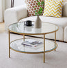 Round Glass Coffee Table with Golden Metal Legs & Shelf Living Room Furniture