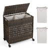 110L Laundry Basket 2-Section Rattan Laundry Hamper W/ Removable Liner Bag & Lid