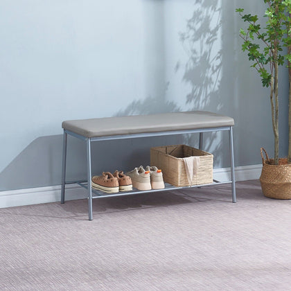 2x Rectangular Grey Faux Leather Dining Bench w/ Metal Storage Shelf Shoes Bench