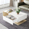 LED Wooden Glass Coffee Table with Drawer Storage for Living Room, White+Natural