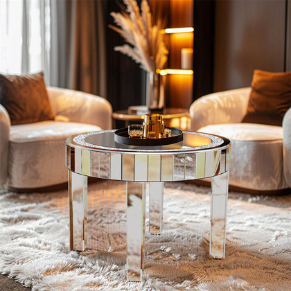 Luxury Silver Crushed Crystal Round Coffee Table Sparkle Diamante Accent Table