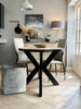 Oval Solid Mango Wood Dining Table, Herringbone Design, Black Iron Spider Base