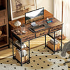 Computer Writing Desk with Power Outlets, Drawers, Shelves, Brown