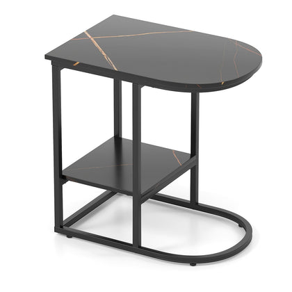 2-Tier Couch Table C-shaped End Table with Storage Shelf-Black