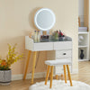 Dressing Table LED Round Mirror Vanity Glass Top Make up Desk Stool Cabinet Set