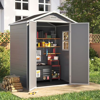 6x4.4FT Grey Plastic Shed Outdoor Garden Tools Storage House with 2 Doors Window