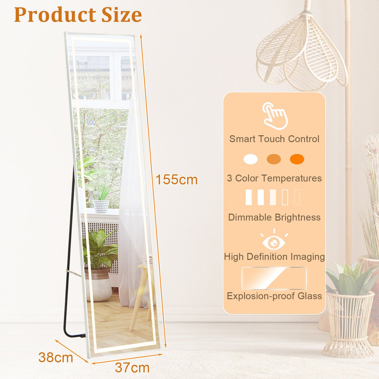 Full Length Mirror Bedroom LED Lighted Full Body Mirror with Lights and Stand