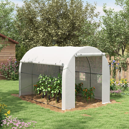 3 x 2 m Polytunnel Greenhouse with Zipped Roll-up Door and Mesh Windows, White