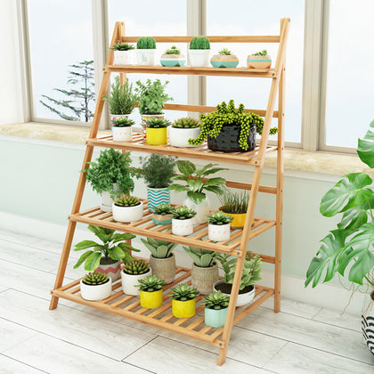 Bamboo Ladder Shelf 4-Tier Plant Stand Storage Rack Wooden Flower Shelf