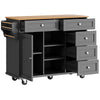 Rolling Kitchen Island Storage Trolley with Wood Effect Top & 5 Drawers Black