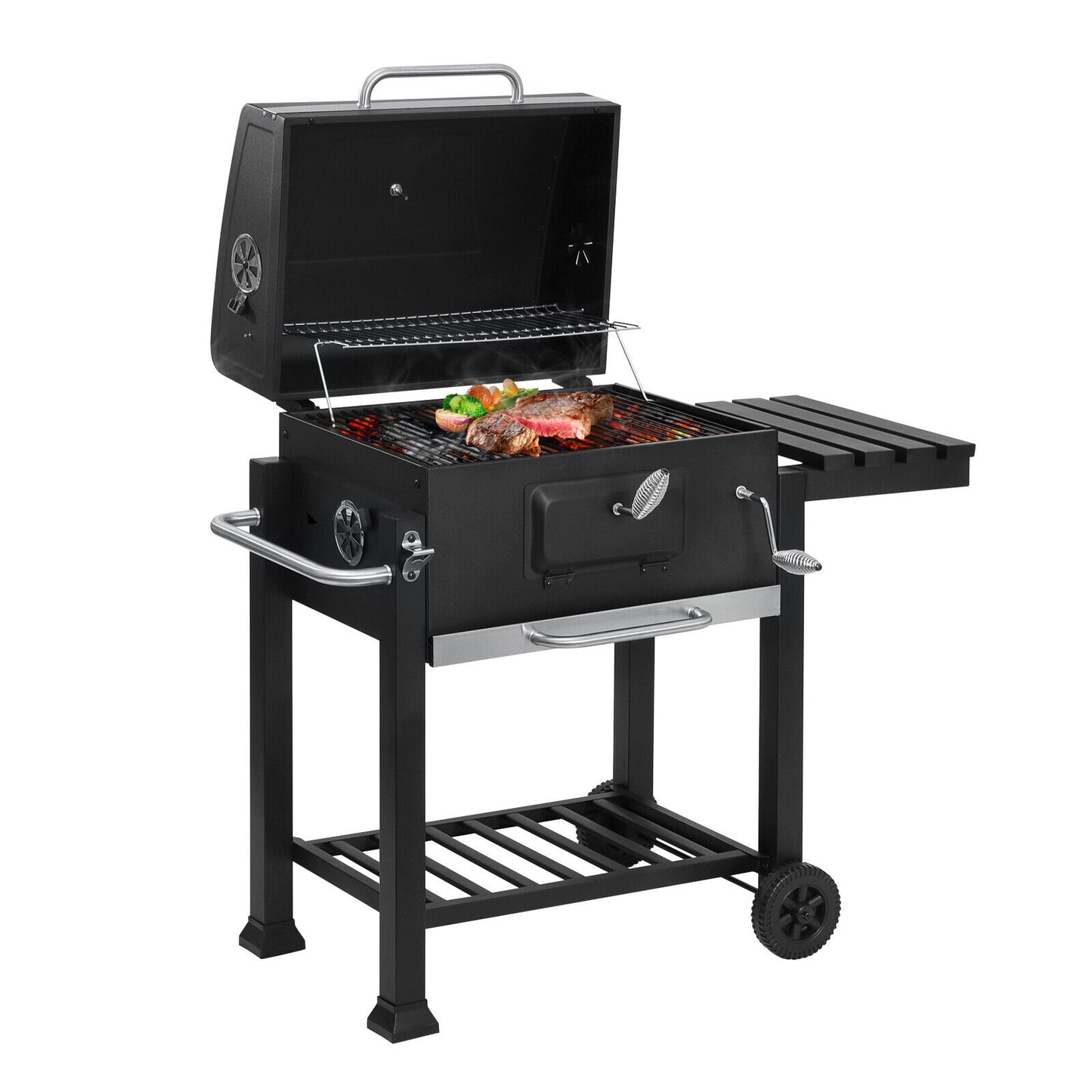 Garden Barbecue Grill Portable BBQ Trolley Grill with Thermometer Folding Shelf