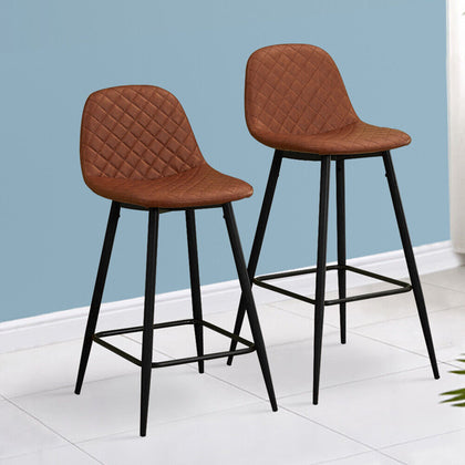 2 pcs Brown PU Bar Stools Breakfast Chairs Dining Chair High Legs Kitchen Padded