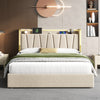 Double Ottoman Storage Upholstered Bed Frame with Headboard & LED Lights Beige