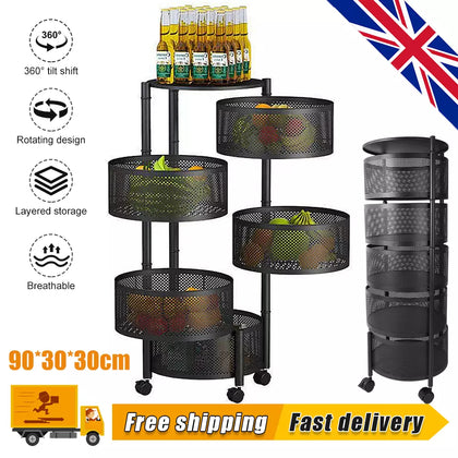 6 Tier Kitchen Rotating Storage Trolley Cart Round Vegetable Mobile Shelf Rack