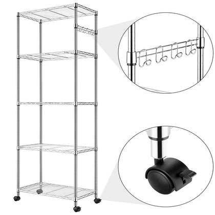 5 Tier Wire Shelving Unit, Metal Storage Rack with 4 Wheels, Kitchen Shelf