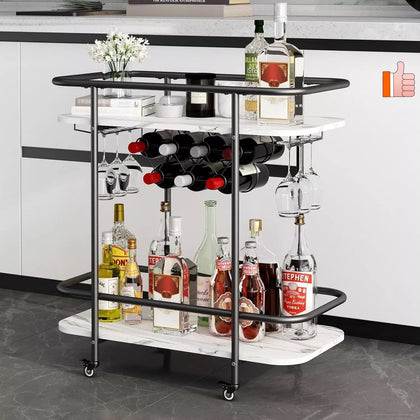 2Tier Mobile Drinks Trolley Bar Serving Cart on Wheels Wine Rack Storage Trolley
