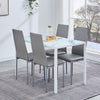 4pcs Grey Faux Leather Dining Chairs&White Marble Glass Dining Table Dining Set