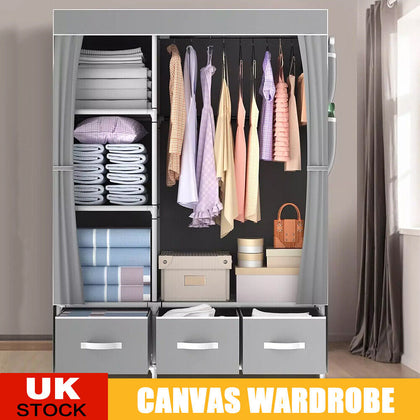 LARGE FABRIC CANVAS WARDROBE WITH HANGING RAIL SHELVING CLOTHES STORAGE CUPBOARD