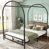 Canopy Bed Steel 4ft6 Double Size with Wooden Headboard Metal Platform Bed Frame