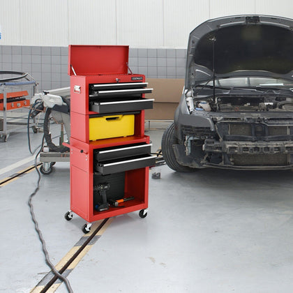 2-In-1 Lockable Tool Storage Cabinet High Capacity Rolling Tool Chest-Red