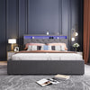 Modern Double Single Metal Bed Frame Upholstered Headboard with LED Lights Grey